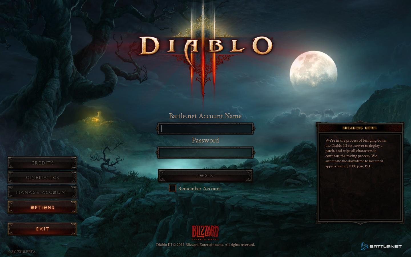 Diablo 3 Log In Screen